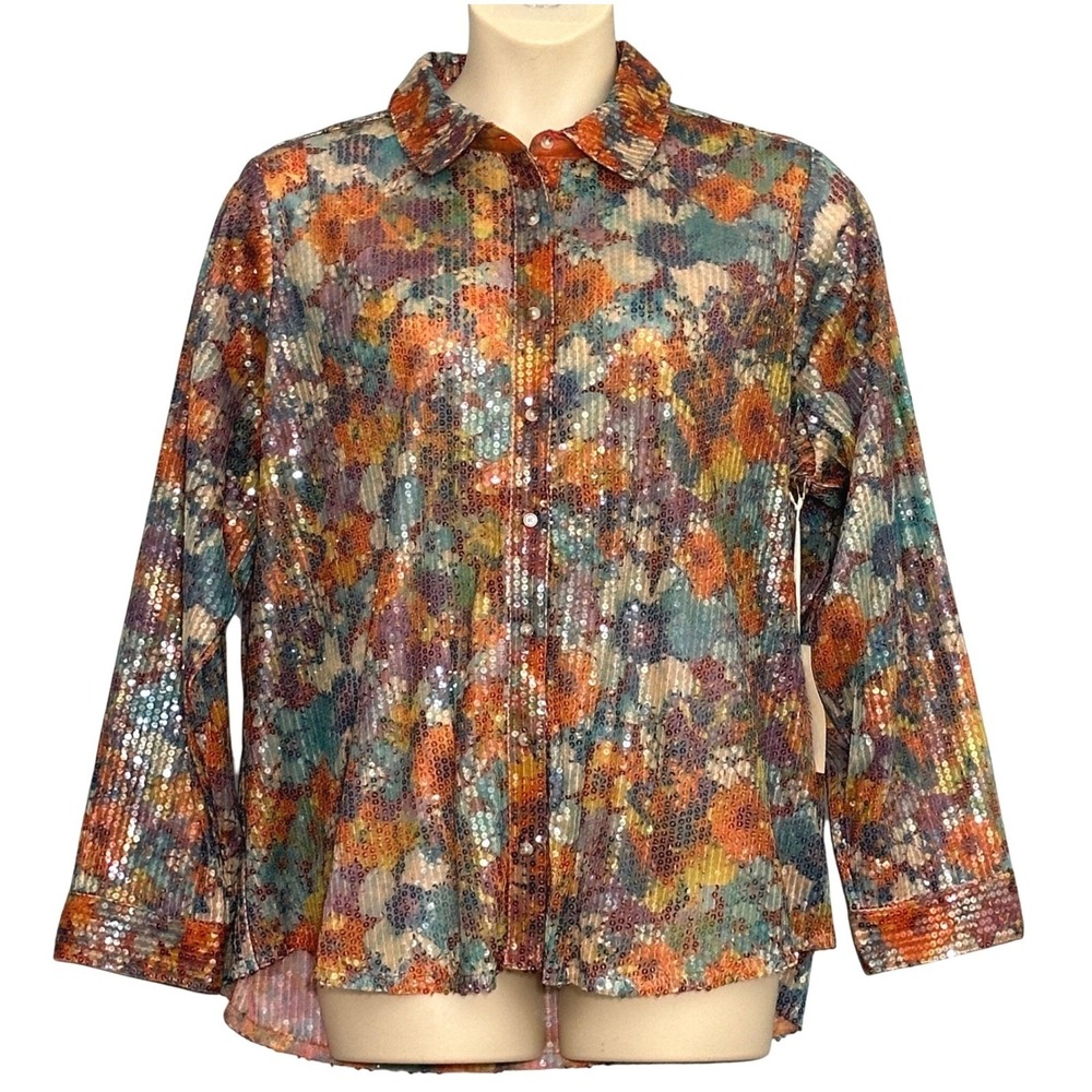 Festive Glam Womens Top Plus 22W 24W Orange Gold Sequin Floral Statement Disco